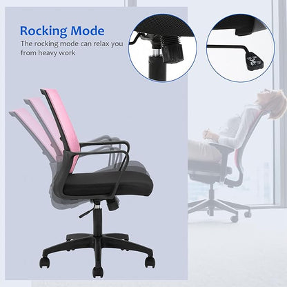 Ergonomic Desk Task Chair Mid-Back Mesh Home Office Swivel Chair Modern Executive Chair with Wheels Armrests Lumbar Support (Pink)