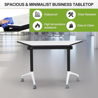 Trapezoidal Folding Conference Table,Freely Splicing Modular Training Seminar Tables,Mobile Conference Room Tables with Wheels,Modern Flip Top Conference Meeting Table Foldable Tables for Office(6)