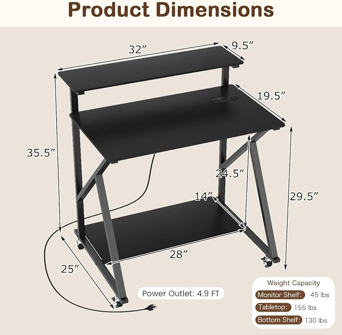 Giantex Rolling Small Desk with Storage, Compact Computer Desk for Small Spaces with Charging Station, Monitor Stand, Lockable Wheels, Study Writing Desk for Home Office, Bedroom (Black)
