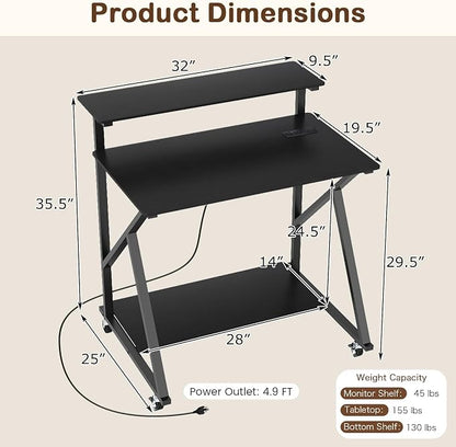 Giantex Rolling Small Desk with Storage, Compact Computer Desk for Small Spaces with Charging Station, Monitor Stand, Lockable Wheels, Study Writing Desk for Home Office, Bedroom (Black)