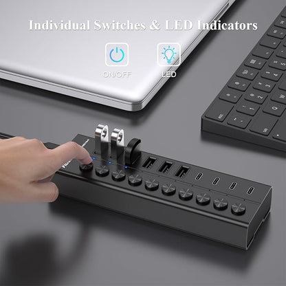 FIDECO 60W Powered USB Hub for Laptop and PC, 10-Port 10Gbps USB Splitter with 12V 5A Power Adapter, Aluminum USB 3.2 Gen 2 Multiport Adapter, 6 USB-A and 4 USB-C Ports, Support BC1.2 Charging (Black)