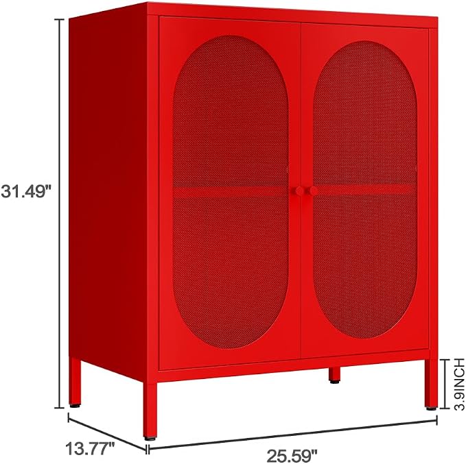 2 Mesh Door Accent Storage Cabinet for Home, Living Room, Office Room,Kitchen-Metal Locker Cabinet with 1 Adjustable Shelves-2-Tier (Small Mesh Door, red)