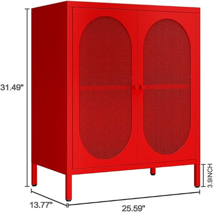 2 Mesh Door Accent Storage Cabinet for Home, Living Room, Office Room,Kitchen-Metal Locker Cabinet with 1 Adjustable Shelves-2-Tier (Small Mesh Door, red)