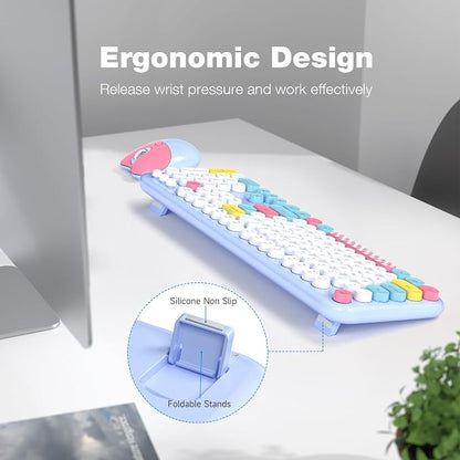 Dilter Wireless Keyboard and Mouse Combo, Full-Sized Typewriter Keyboards, Cute Cat Shaped Wireless Mouse, USB Plug and Play for Windows, Computer, PC, Laptop, Desktop (Blue Colorful)
