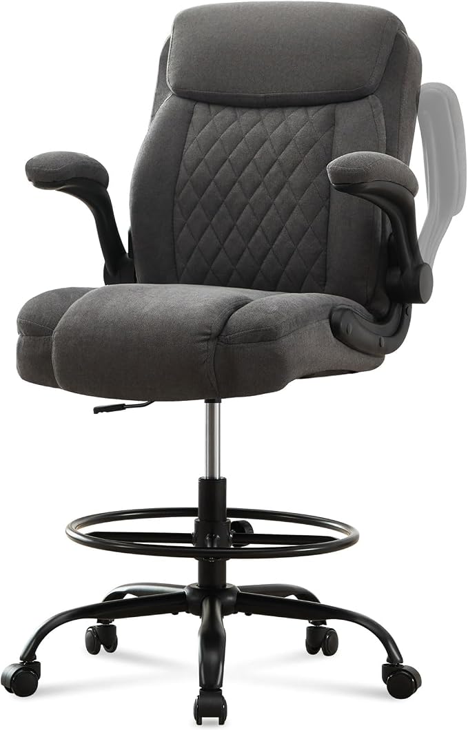 Drafting Chair Tall Office Chair for Standing Desk, Ergonomic Tall Desk Chair with Adjustable Foot Ring, Flip-Up Armrests, Lumbar Support, Comfortable Fabric Seat – Ideal for Home and Office Use
