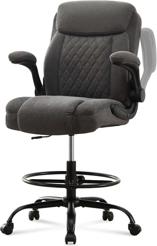Drafting Chair Tall Office Chair for Standing Desk, Ergonomic Tall Desk Chair with Adjustable Foot Ring, Flip-Up Armrests, Lumbar Support, Comfortable Fabric Seat – Ideal for Home and Office Use