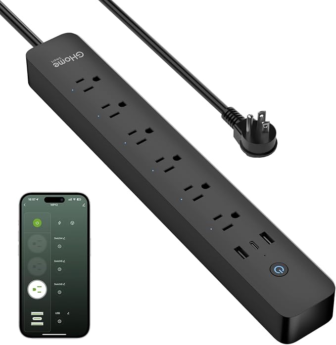 GHome Smart Power Strip 15A, 2.4G WiFi Smart Plugs That Work with Alexa & Google Home, Surge Protector Flat Plug with 6 APP Control WiFi Outlets, FCC Listed, 7.18 Ft Flat Extension Cord, No Hub Needed
