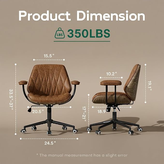 Office Desk Chair with Rubber Casters and Padded Arms, Premium Cognac Brown Faux Leather Computer Chair, Height Adjustable Vintage Rolling Swivel Executive Task Chair for Home Office