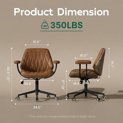 Office Desk Chair with Rubber Casters and Padded Arms, Premium Cognac Brown Faux Leather Computer Chair, Height Adjustable Vintage Rolling Swivel Executive Task Chair for Home Office