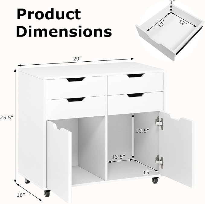 White File Cabinet with 4 Drawers and 2 Doors, Under Desk Mobile Storage Organizer, Wooden Printer Stand on Wheels, 29" Lateral Filing Cabinet for Home Office Living Room
