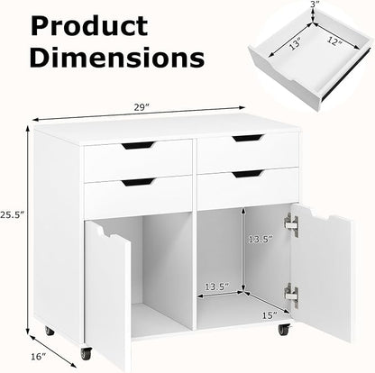 LOKO Mobile File Cabinet with 4 Drawers, Rolling Under-Desk Filing Cabinet, Wooden Chest of Drawers with Universal Wheels, Modern Printer Stand for Home Office Organization and Storage (White)