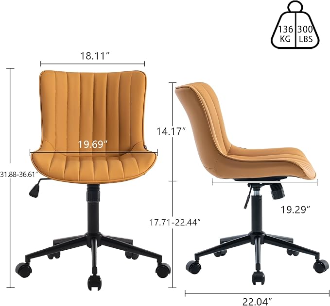 YOUNIKE Ergonomic Home Office Chair with Wheels Comfy Armless Desk Chair with Back Adjustable Height Modern Leather Upholstered Swivel Vanity Chair Small Cute Rolling Task Computer Chair Tan