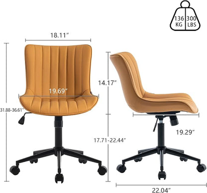 YOUNIKE Ergonomic Home Office Chair with Wheels Comfy Armless Desk Chair with Back Adjustable Height Modern Leather Upholstered Swivel Vanity Chair Small Cute Rolling Task Computer Chair Tan