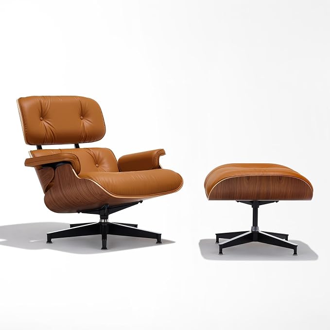 Mid Century Chaise Lounge Chair with Ottoman, Genuine Leather Reading Chair, Modern Chair Classic Design, Heavy Duty Base Support for Living Room Study Lounge Office,Tall Upgraded, Walnut Brown