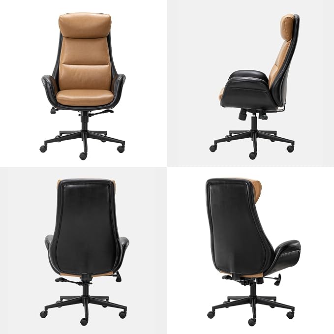 Glitzhome Mid-Century Modern Two-Tone Color High Back Leatherette Chairs Computer Desk Chair, Task Chair with Armrest Adjustable Gaslift Office Chair Executive Swivel Chair,Black & Camel