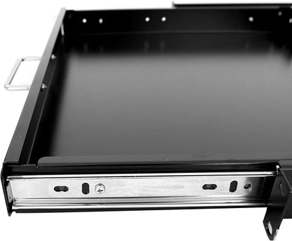 GlobalRack 1U Keyboard Drawer, 17.75" Depth, Extends to 27", Soft-Close | 1U keyboard drawer | 1U rack drawer | Soft-close damping | Foldable handle | Built-in cable management | Heavy-gauge stee