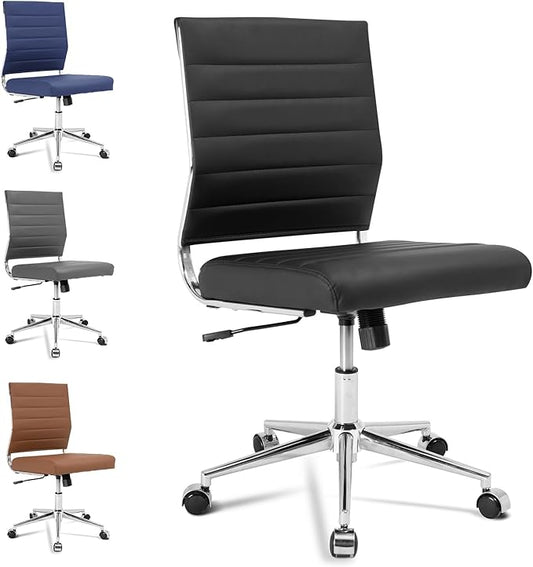 Okeysen Armless Office Desk Chair, Mid Back Ergonomic Swivel Conference Room Chair, Adjustable Height PU Leather Home Desk Chair, Modern Small Rolling Computer Task Chair, Black