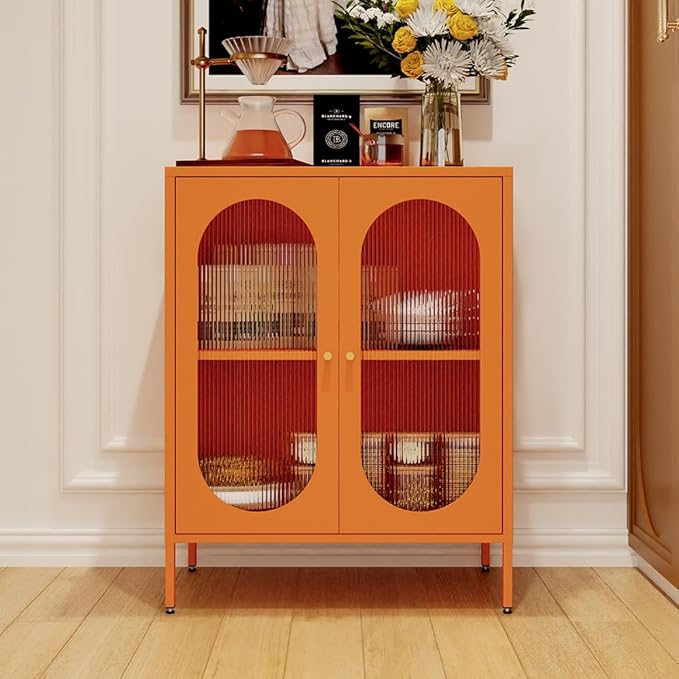 2 Translucent Door Metal Accent Storage Cabinet for Home,Office Room,Kitchen-Metal Locker Cabinet with 1 Adjustable Shelves-2-Tier (Translucent Door Cabinet, Orange)