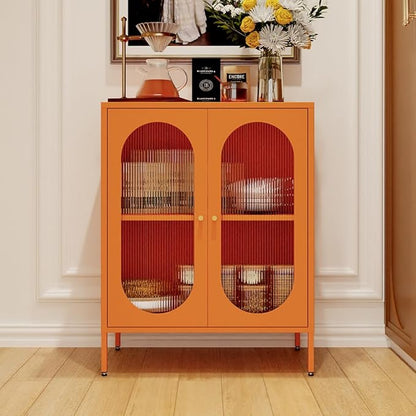2 Translucent Door Metal Accent Storage Cabinet for Home,Office Room,Kitchen-Metal Locker Cabinet with 1 Adjustable Shelves-2-Tier (Translucent Door Cabinet, Orange)