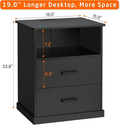 Hasuit Night Stand Set of 2 with Charging Station, Large Nightstands with Storage Drawers and Open Cubby, Black Bedside Side End Table for Home Office, Wider Tabletop 19.0'' x 15.0''