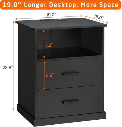 Hasuit Night Stand with Charging Station, Large Nightstand with Storage Drawers and Open Cubby, Black Bedside Side End Table for Home Office, Wider Tabletop 19.0'' x 15.0''