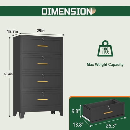 erosoei 4 Drawer File Cabinet with Lock, Metal Lateral File Cabinets for Home Office, Steel Wide Filing Organization Storage Cabinets, Home Office Furniture for Hanging Files Letter/Legal/F4/A4 Size