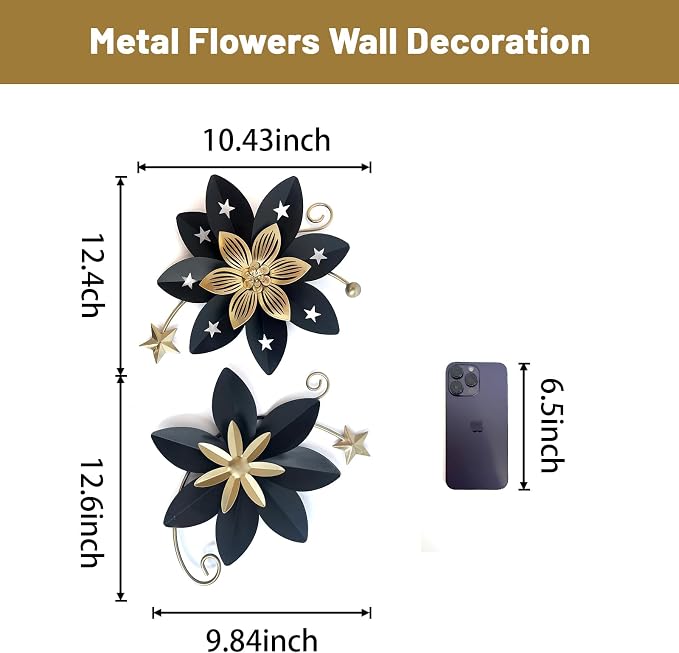 LIFFY Metal Flower Wall Decor, Black & Gold Floral Metal Wall Art for Indoor Outdoor,Black Wall Decor Boho Modern Wall Decor for Bathroom, Living Room, Bedroom, Porch, Garden, Yard (Black & Gold 2)