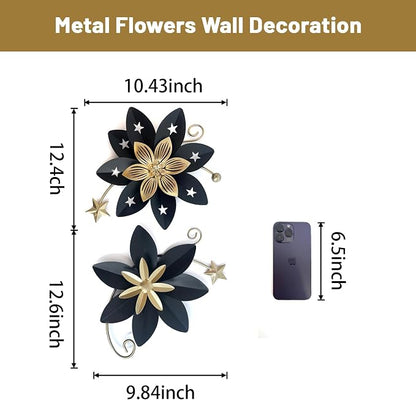 LIFFY Metal Flower Wall Decor, Black & Gold Floral Metal Wall Art for Indoor Outdoor,Black Wall Decor Boho Modern Wall Decor for Bathroom, Living Room, Bedroom, Porch, Garden, Yard (Black & Gold 2)