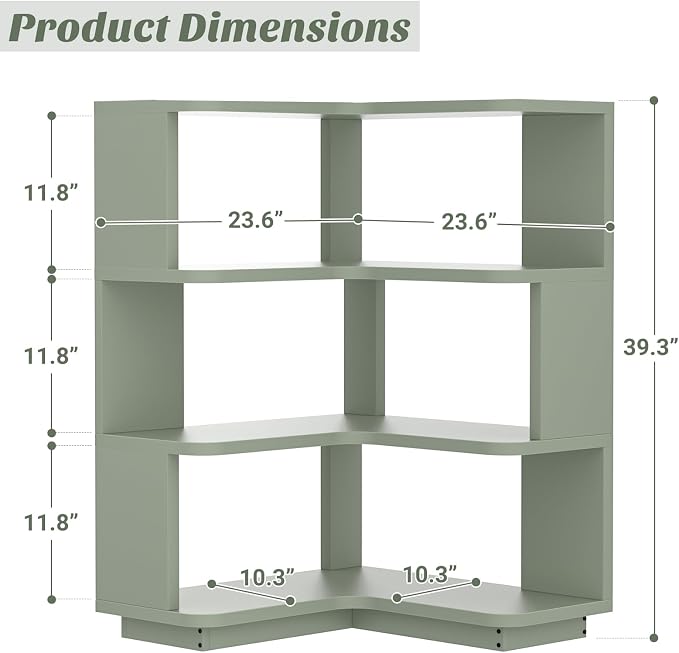 Armocity Corner Book Shelf - 4 Tier Corner Bookshelf Etagere Bookcase with Baffle, Freestanding L Shaped Display Shelf Stand for Home Office, Living Room, Bedroom, Kitchen, Crab Green