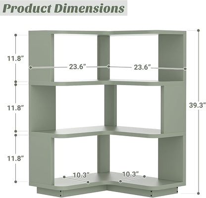 Armocity Corner Book Shelf - 4 Tier Corner Bookshelf Etagere Bookcase with Baffle, Freestanding L Shaped Display Shelf Stand for Home Office, Living Room, Bedroom, Kitchen, Crab Green