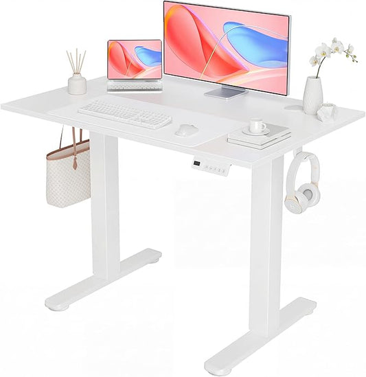 YDN Electric Standing Desk Adjustable Height, 40 x 24 Inches Sit Stand up Desk with Memory Presets & Cable Management, Home Office Desk for Office & Computer Workstation, White Frame/White Top