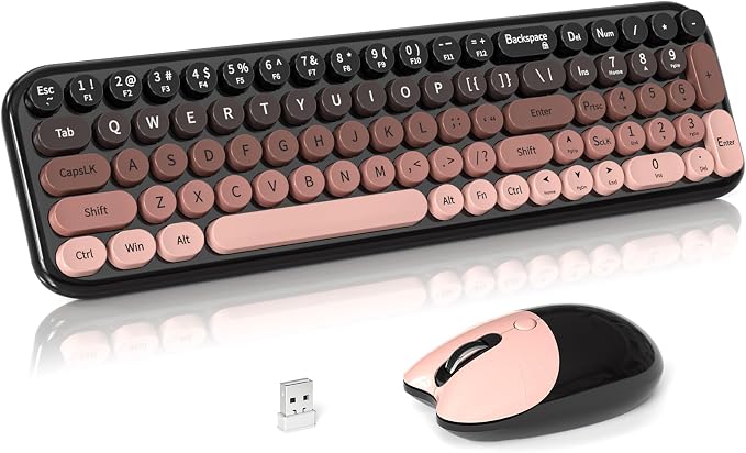 Wireless Keyboard and Mouse Combo, Meidosa 2.4GHz Colorful Full-Size Retro Typewriter Keyboard with Cat Shape 3 Level Adjustable Optical Mouse for PC/Desktop/Laptop/Windows (Black Berry)
