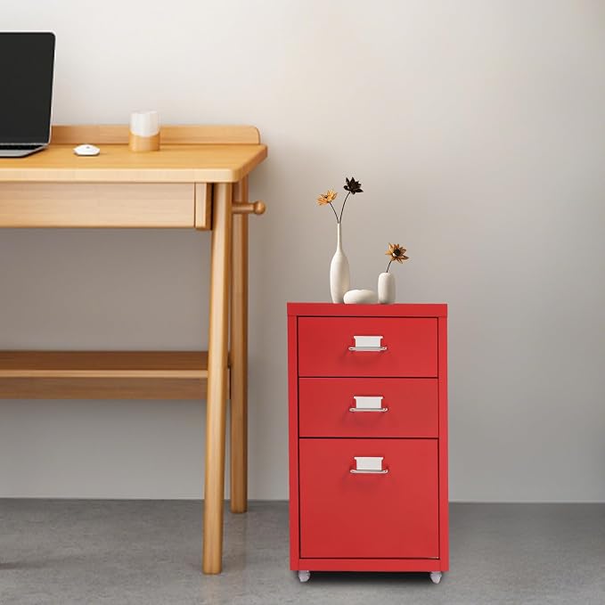 3-Drawer Mobile File Cabinet, Metal Filing Storage Cabinet with Wheels Small Nightstand Under Desk Organizer for Home Office (Red)