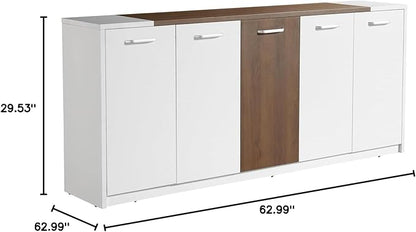 Leon 87" Wood Office Furniture Set of 3pcs | Executive Right Side L Shaped Corner Desk & File Drawers w/Telescopic Rail | Coffee Table | Storage Cabinet w/Chrome Handles | Modern Home Workstation
