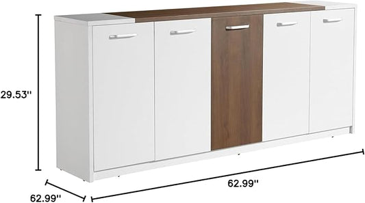 Leon 87" Wood Office Furniture Set of 3pcs | Executive Right Side L Shaped Corner Desk & File Drawers w/Telescopic Rail | Coffee Table | Storage Cabinet w/Chrome Handles | Modern Home Workstation