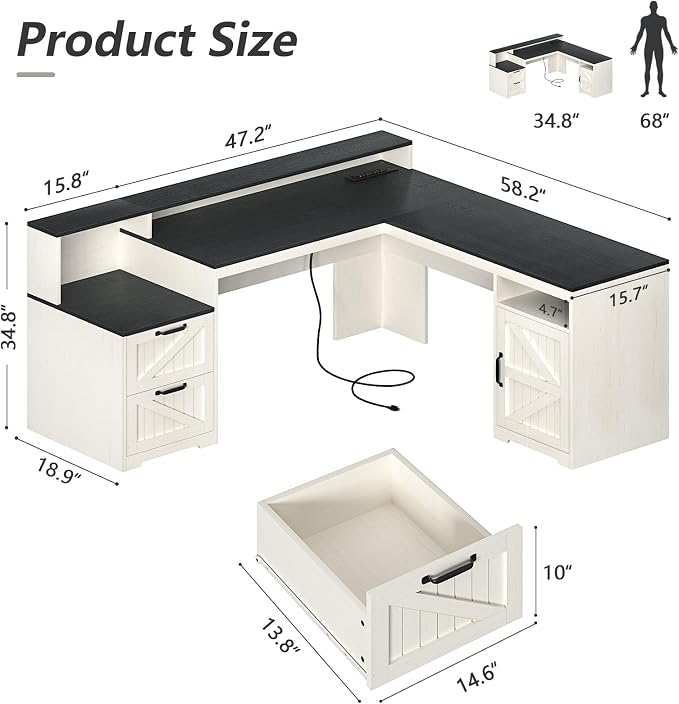 YOMILUVE 63" Farmhouse L Shaped Executive Desk with Drawers & Storage Shelf, Corner Computer Desk with Power Outlets, L Shaped Office Desk with Monitor Stand, Printer Shelf, Black and White
