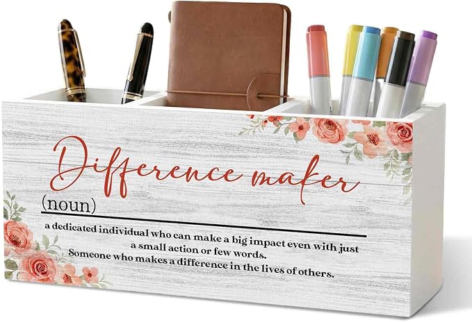 Difference Maker Gift Pencil Pen Holder for Desk Organizer, Thank You Gifts for Teachers Coworkers Boss, Appreciation Gifts Wooden Box Decorations for Home Office Desk Tabletop Decor