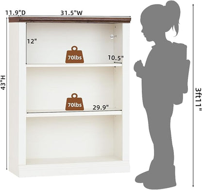 RWYHG 43" White Tall Bookshelf Set of 3,3-Tier Thick Wooden Book Shelf with Adjustable Shelves,Free Standing Farmhouse Bookcase with Open Display Storage,Floor Vintage Bookshelves for Living Room