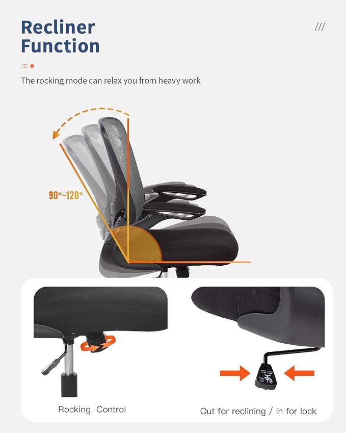 Office Chair Desk Computer Chair with Lumbar Support Flip-up Arms Swivel Rolling Executive Task Mesh Adjustable Ergonomic for Adults(Grey)