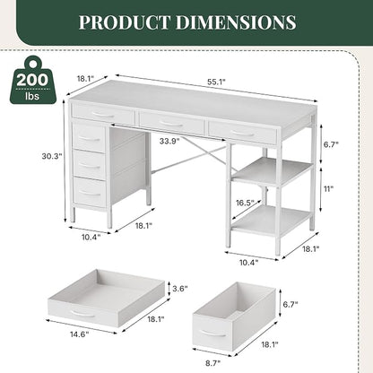 55" Computer Desk with 6 Drawers, Home Office Gaming Desks with Storage Shelves for Bedroom, Writing Study Corner Living Room Work Table White