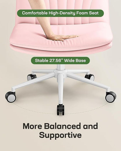 Marsail Armless-Office Desk Chair with Wheels: PU Leather Cross Legged Wide Chair,Comfortable Adjustable Swivel Task Chairs for Home,Office,Make Up,Small Space,Bed Room, Pink