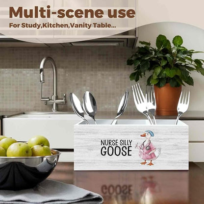 Funny Goose Nurse Office Pencil Pen Holder for Desk Organizer, Nursing Week Gifts, Nurse Appreciation Gifts, Gift for Nurses Female Women Wooden Box Decorations for Office Desk Tabletop Decor