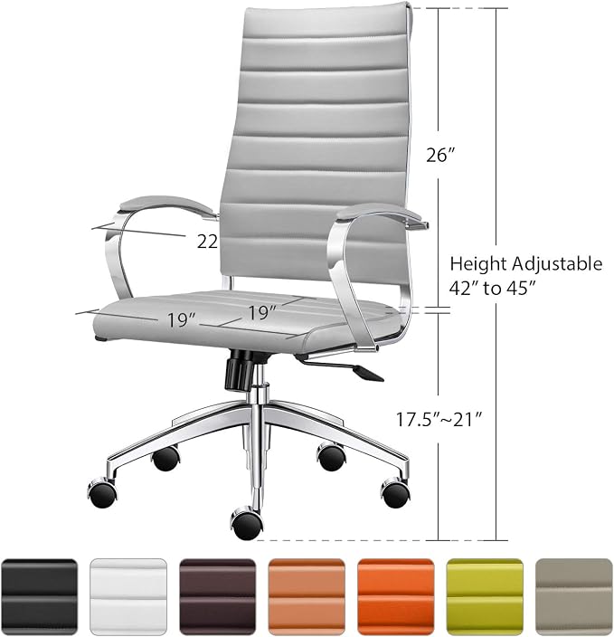 Office Chair, Ergonomic Executive Desk Chair, High Back, Leather Swivel, Lumbar Support, Grey