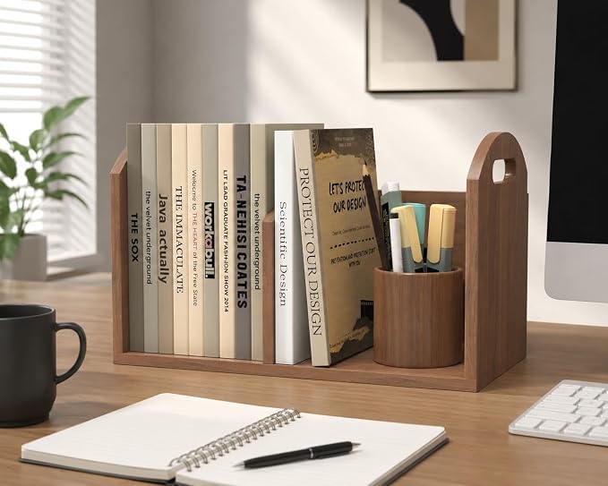 Wood Desktop Bookshelf, Upright Tabletop Book Shelf With Adjustable Divider Secure Books in Place, Desk Shelf for Top of Desk in Living Room Home Office, Perfect for Books Magazine File (Walnut Brown)