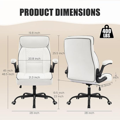 White Office Chair 400lbs, Modern Executive Desk Chair with Lumbar Support, Comfortable Computer Chair with Flip-up Armrests, Adjustable Height Swivel Reclining Chair for Home Office, Faux Leather