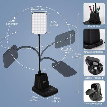 Desk Lamp, LED Desk Lamps for Home Office, Wireless Charger Small Desk Lamp with Pen Holder, 3 Color Modes, Dimmable, CRI 85, 800LM, Study Lamps for College Dorm Room, Adapter Included, Black