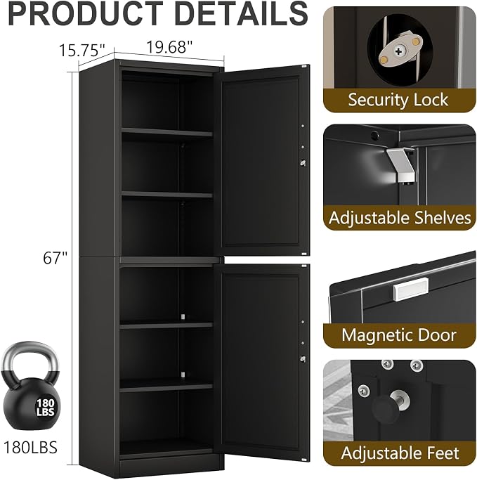 pozdeg 67" Metal Storage Cabinet with Lock, Tall Narrow Office File Cabinets with 2 Doors & 4 Adjustable Shelves, Metal Steel Locker for Home, School, Office, Garage or Gym (Black)