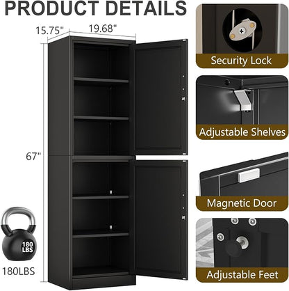 pozdeg 67" Metal Storage Cabinet with Lock, Tall Narrow Office File Cabinets with 2 Doors & 4 Adjustable Shelves, Metal Steel Locker for Home, School, Office, Garage or Gym (Black)