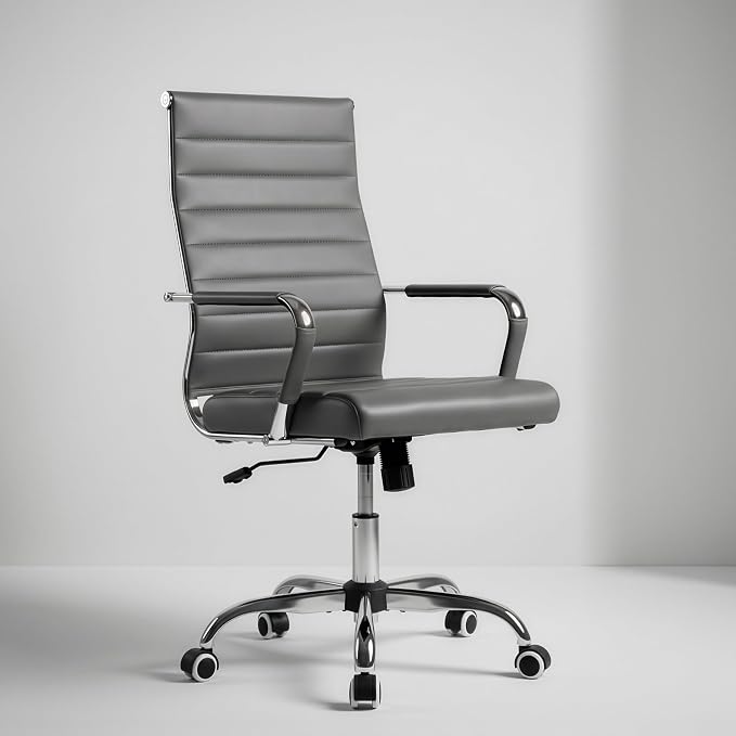 Okeysen Grey Office Desk Chair, Ergonomic Leather Modern Conference Room Chairs, Executive Ribbed Adjustable Swivel Rolling Chair for Home Office.