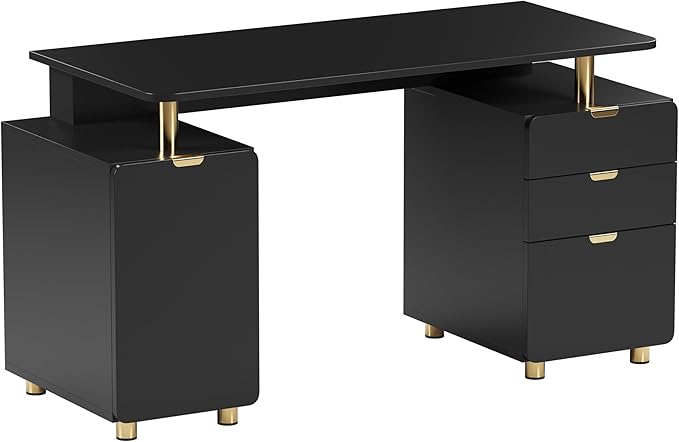 Elegant 57" W Executive Desk with 3 Drawers and Storage Cabinet, Modern Office Desk with Gold Accents, Floating Work Surface, Closed Storage with Ventilation & Adjustable Shelf (Black,Gold)